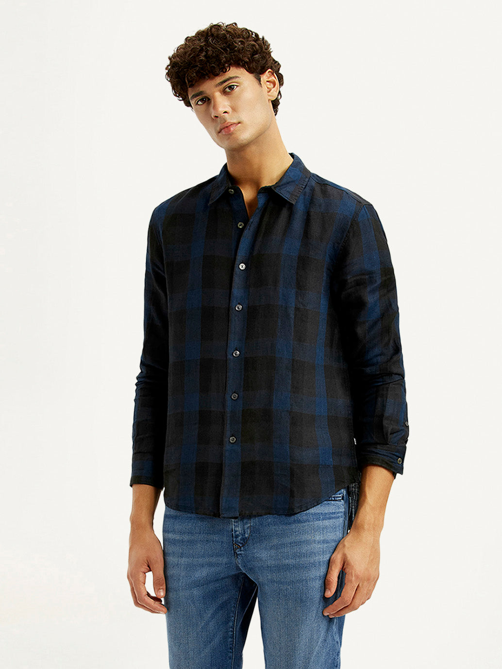 Men's Checkered Dark Blue Slim Fit Shirt - Styleshot View