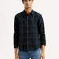 Men's Checkered Dark Blue Slim Fit Shirt - Front View