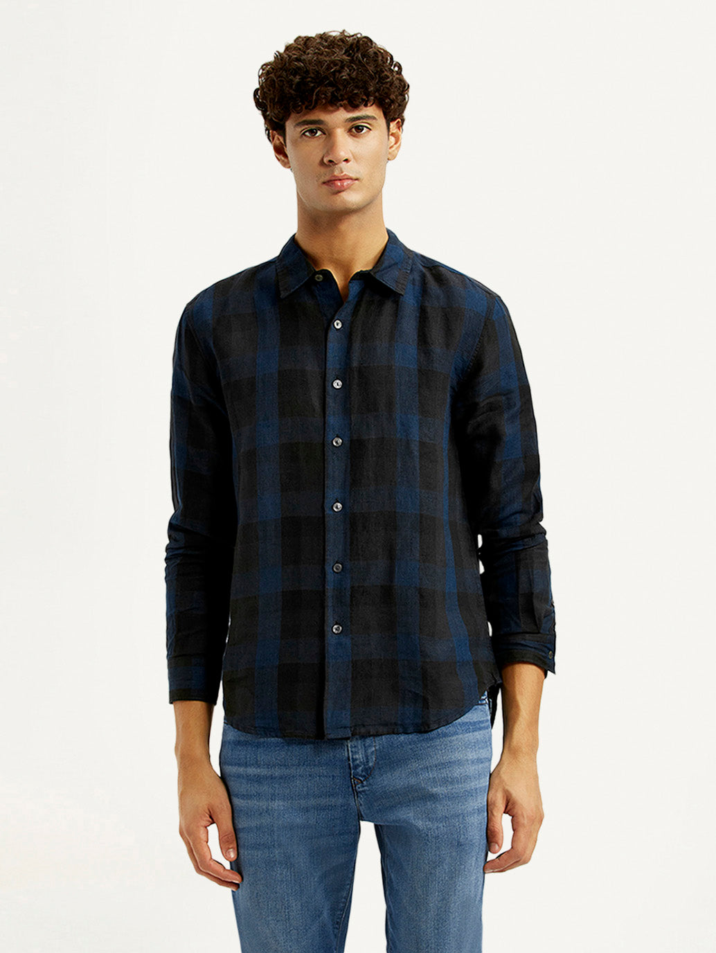 Men's Checkered Dark Blue Slim Fit Shirt - Front View