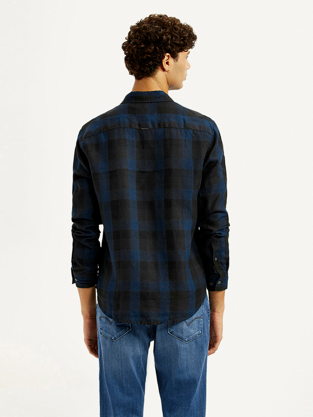 Men's Checkered Dark Blue Slim Fit Shirt - Back View