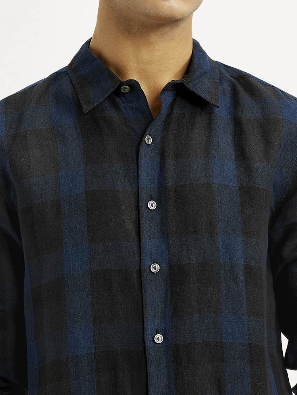 Men's Checkered Dark Blue Slim Fit Shirt - Detail View