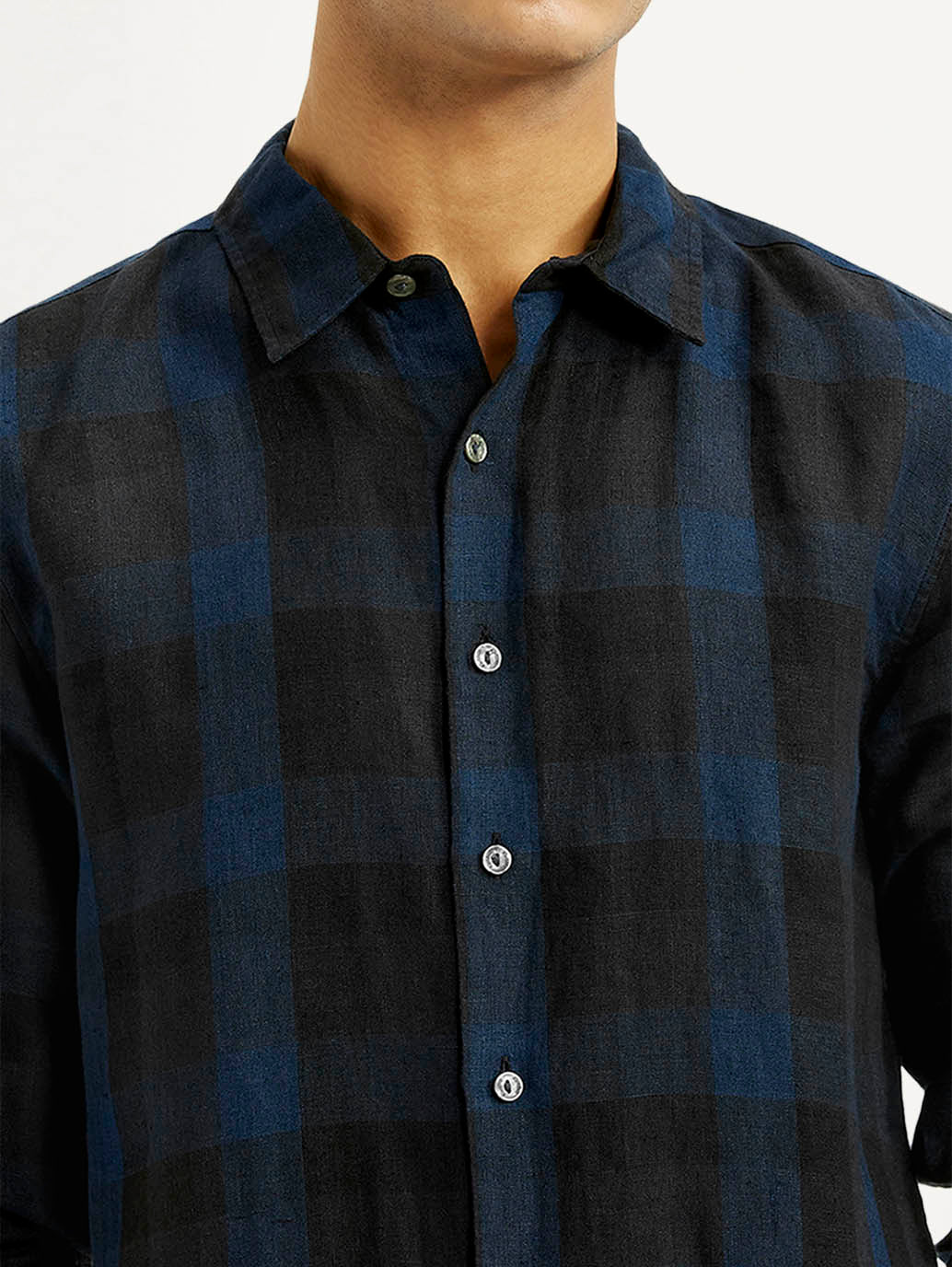 Men's Checkered Dark Blue Slim Fit Shirt - Detail View