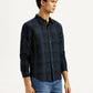 Men's Checkered Dark Blue Slim Fit Shirt - Side View