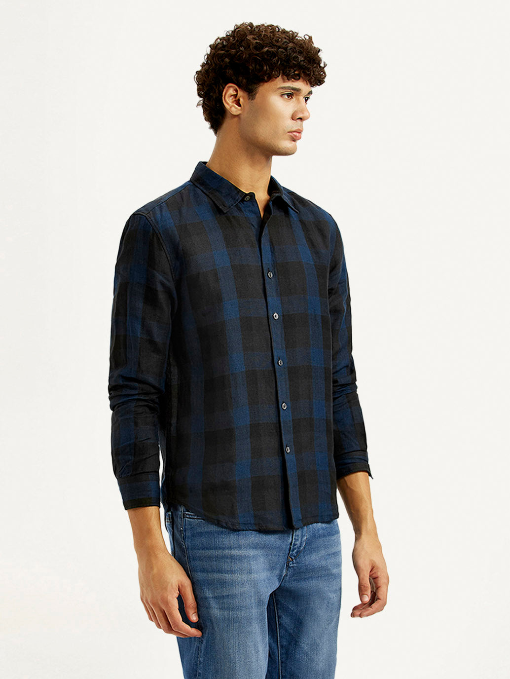 Men's Checkered Dark Blue Slim Fit Shirt - Side View