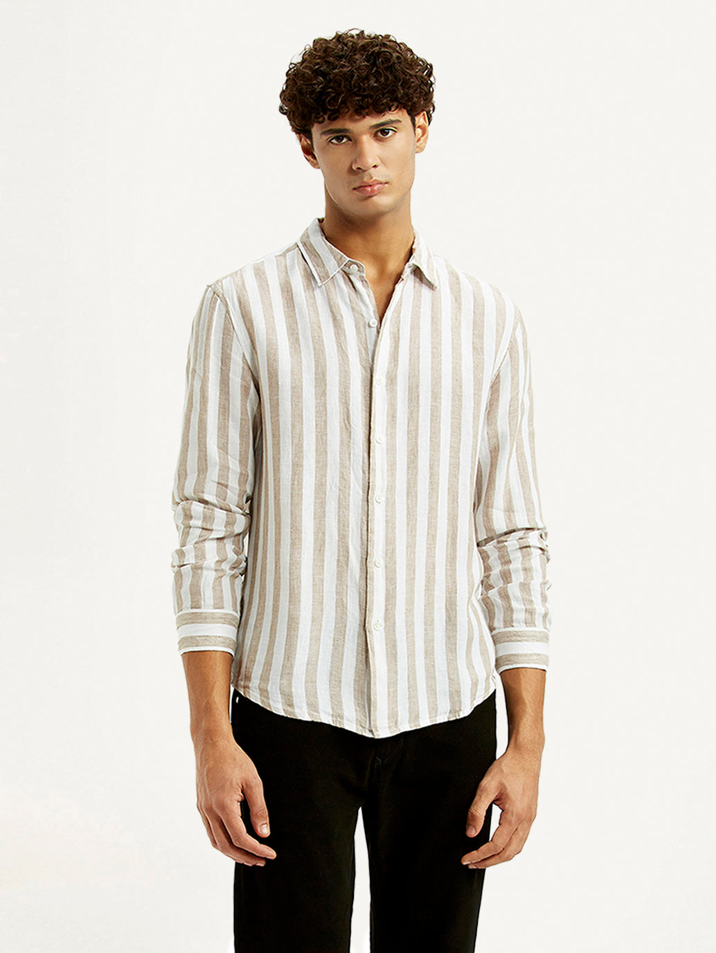 Men's Striped Beige Slim Fit Shirt - Styleshot View