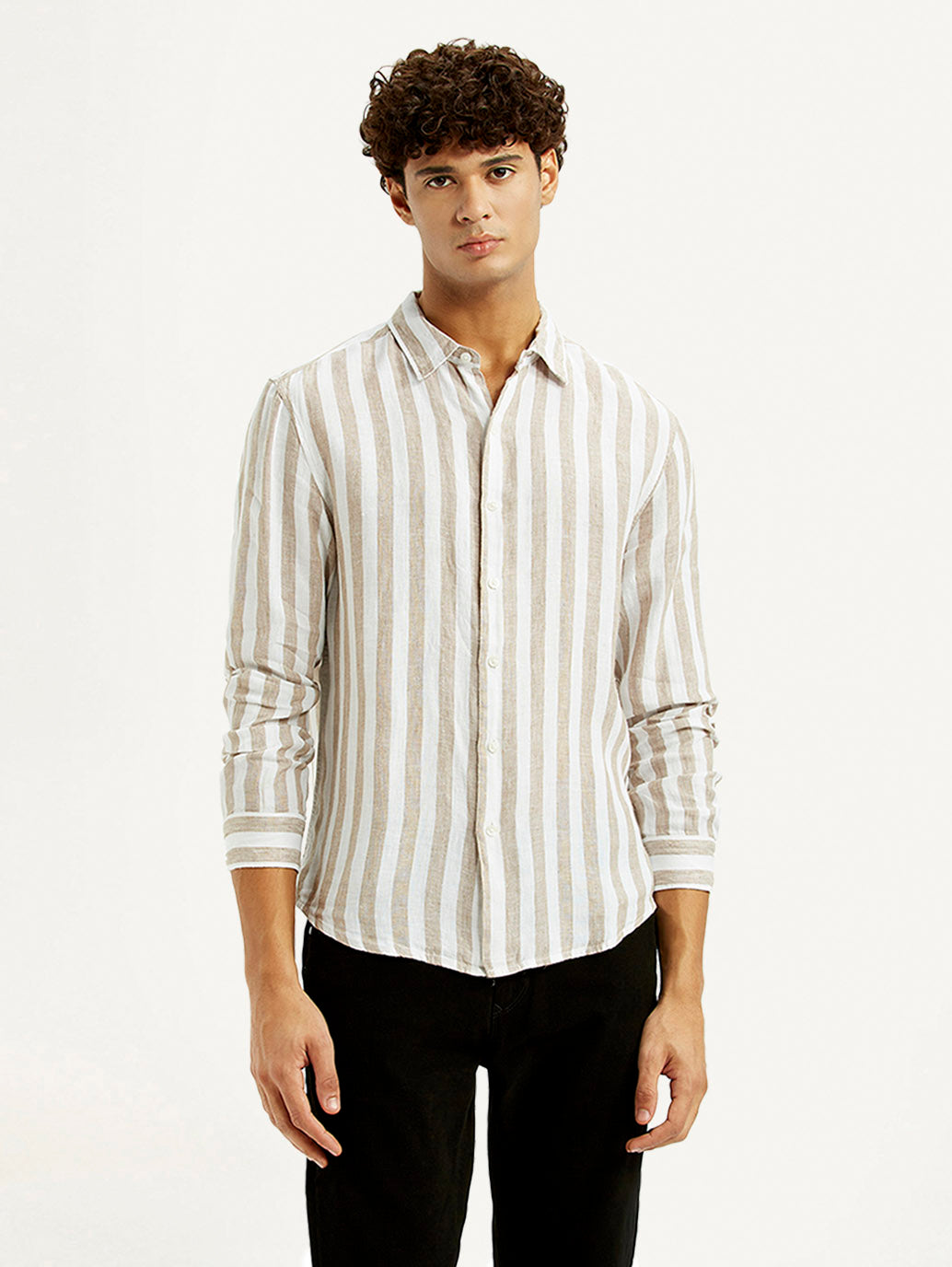 Men's Striped Beige Slim Fit Shirt - Front View