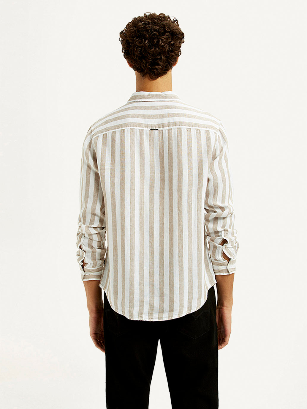 Men's Striped Beige Slim Fit Shirt - Back View