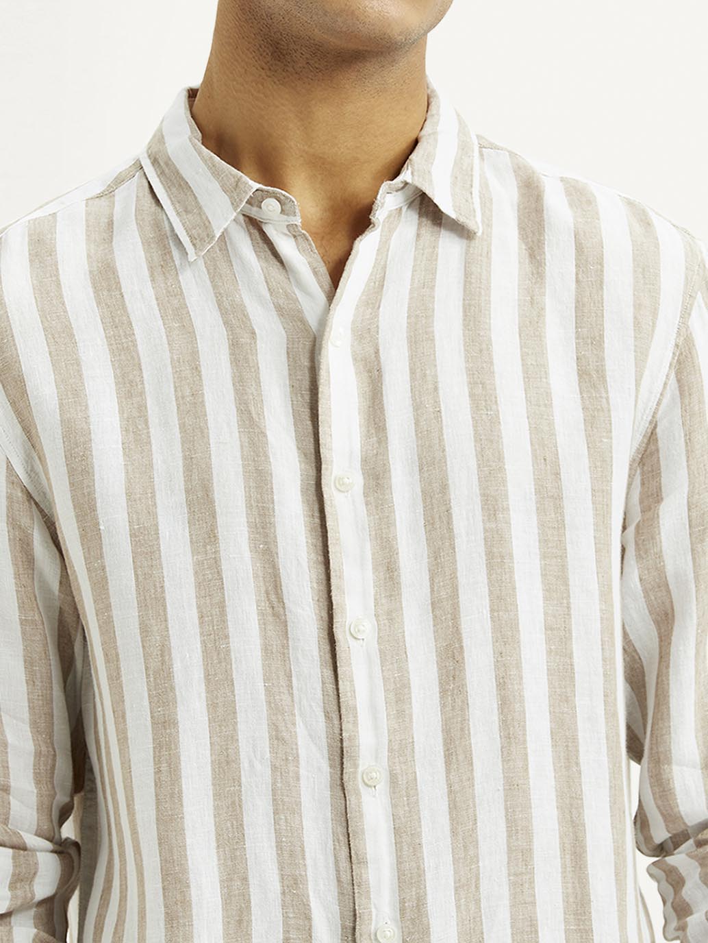 Men's Striped Beige Slim Fit Shirt - 20 View