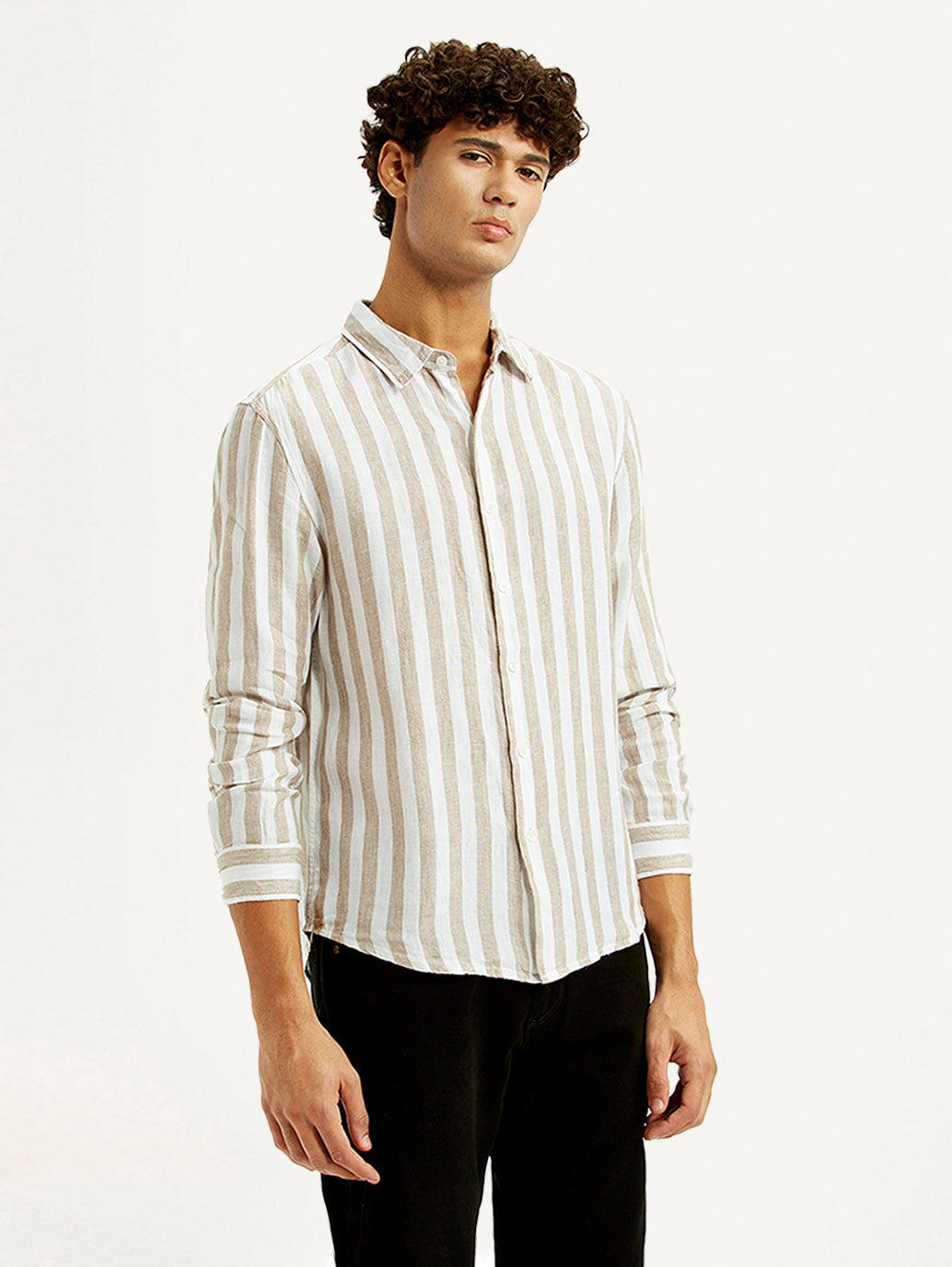 Men's Striped Beige Slim Fit Shirt - Side View