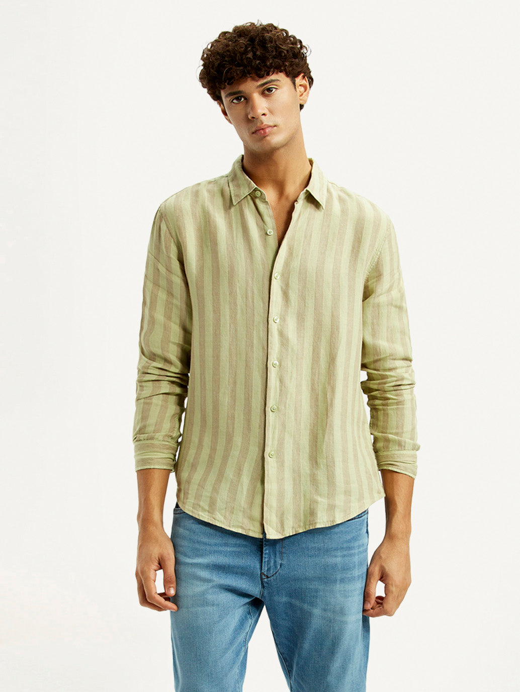 Men's Striped Light Yellow Slim Fit Shirt - Styleshot View