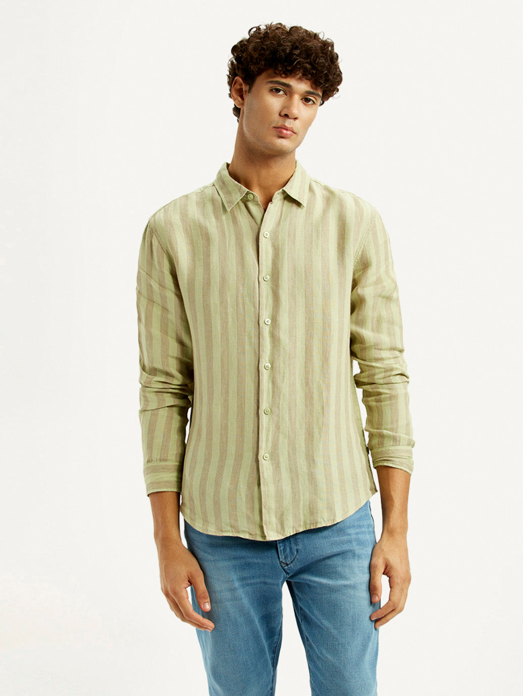 Men's Striped Light Yellow Slim Fit Shirt - Front View