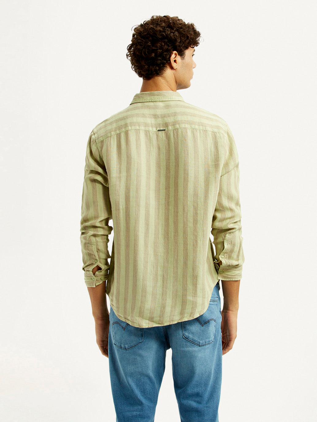 Men's Striped Light Yellow Slim Fit Shirt - Back View