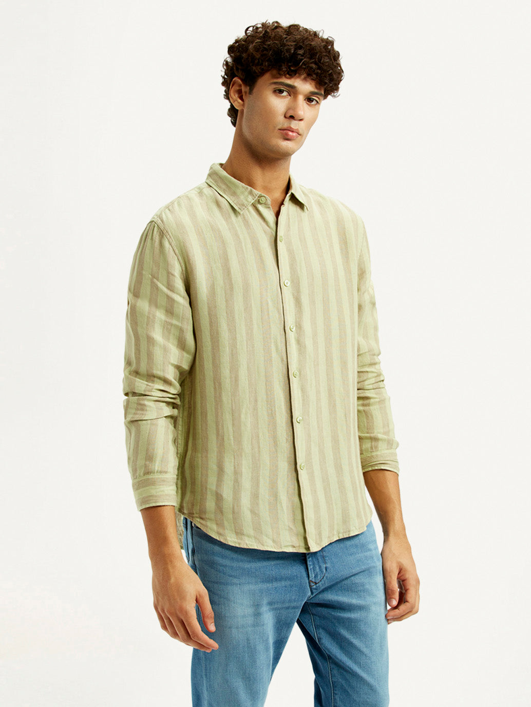 Men's Striped Light Yellow Slim Fit Shirt - Side View