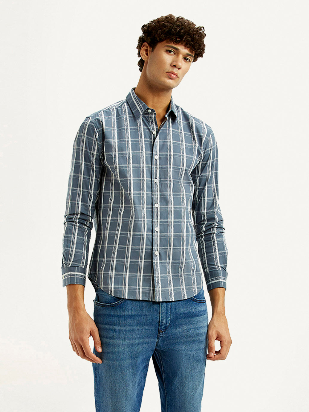 Men's Checkered Blue Slim Fit Shirt - Styleshot View