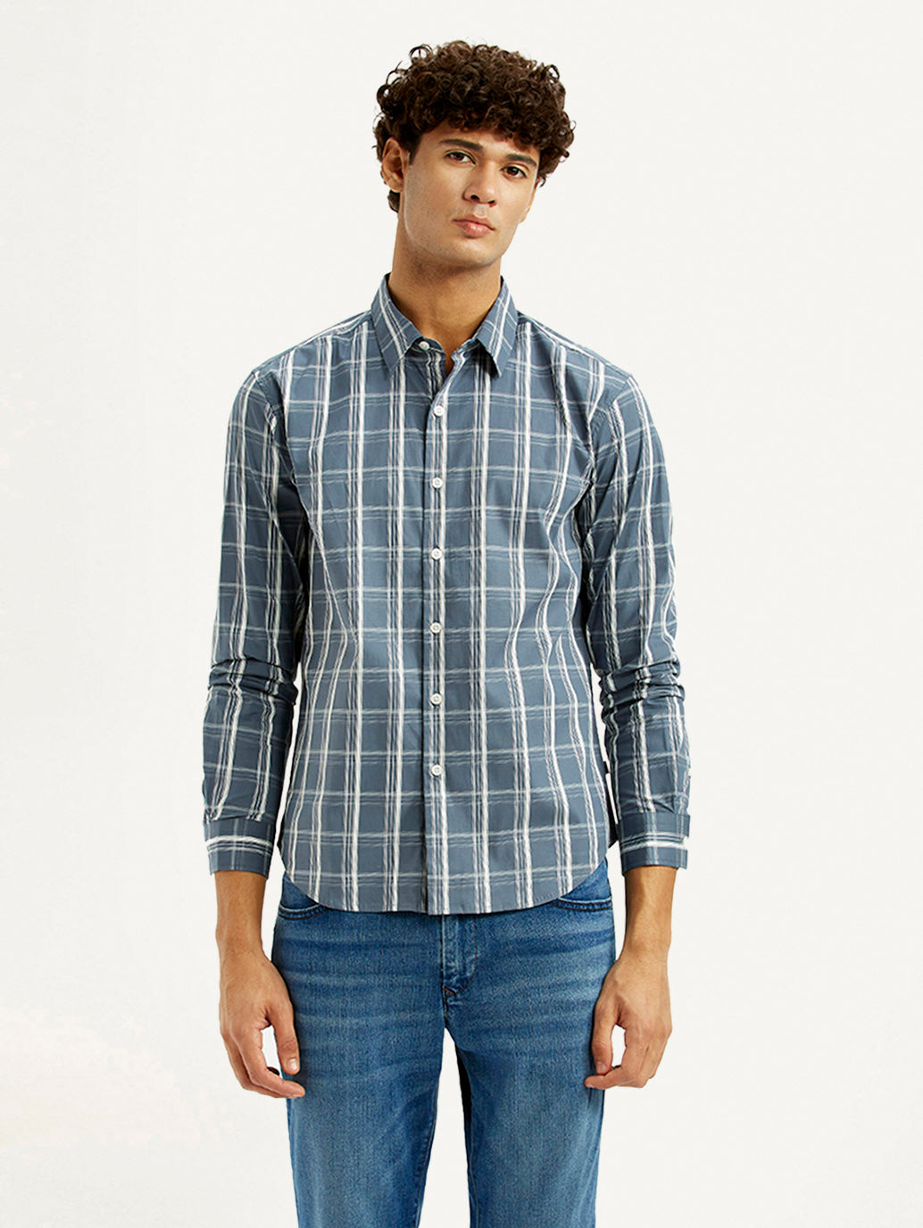 Men's Checkered Blue Slim Fit Shirt - Front View