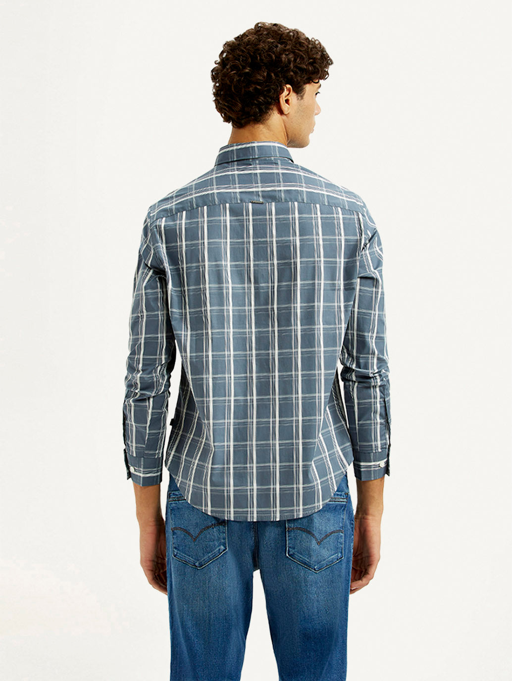 Men's Checkered Blue Slim Fit Shirt - Back View