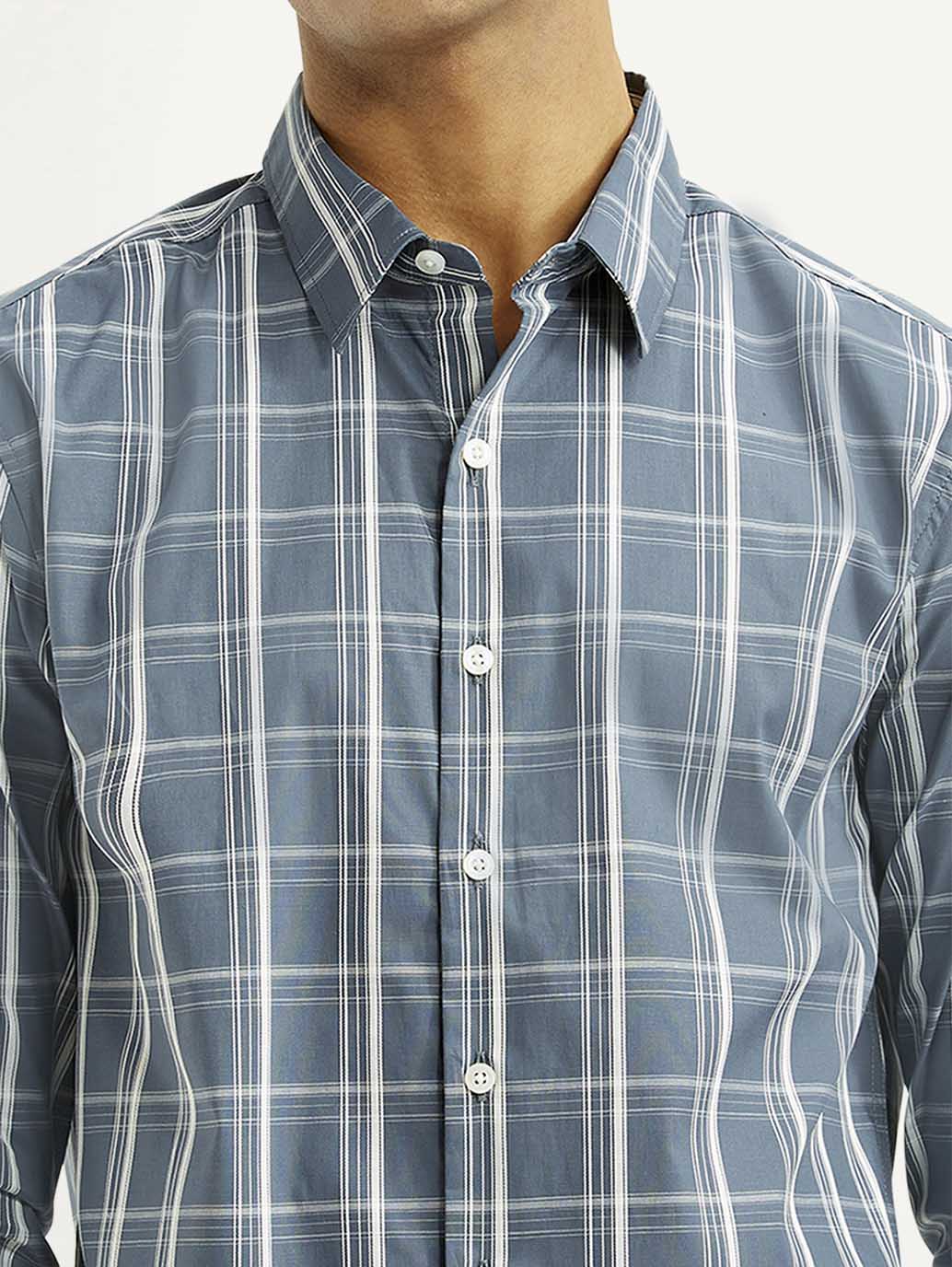 Men's Checkered Blue Slim Fit Shirt - Detail View