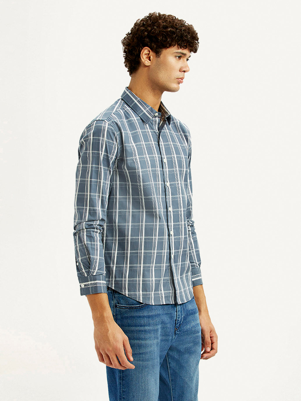 Men's Checkered Blue Slim Fit Shirt - Side View