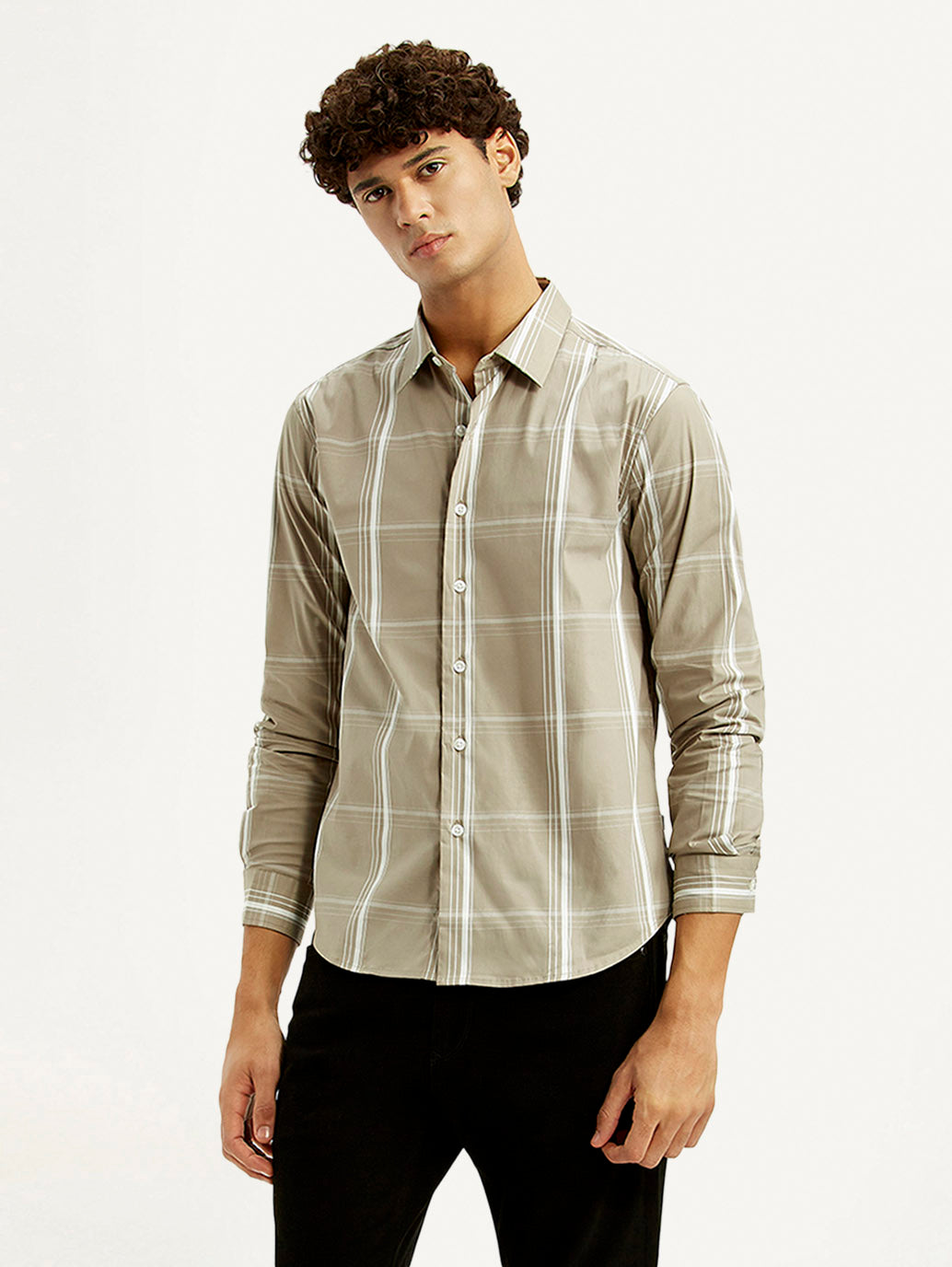 Men's Checkered Beige Slim Fit Shirt - Styleshot View