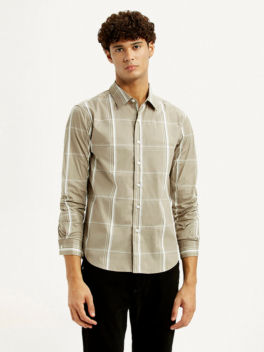 Men's Checkered Beige Slim Fit Shirt - Front View