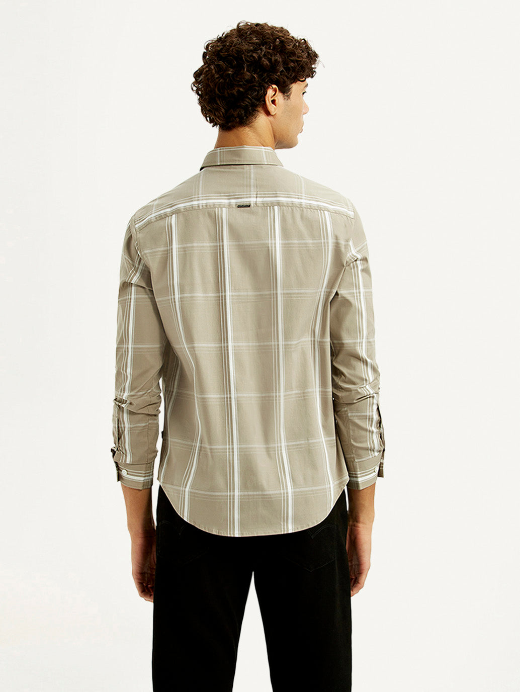 Men's Checkered Beige Slim Fit Shirt - Back View