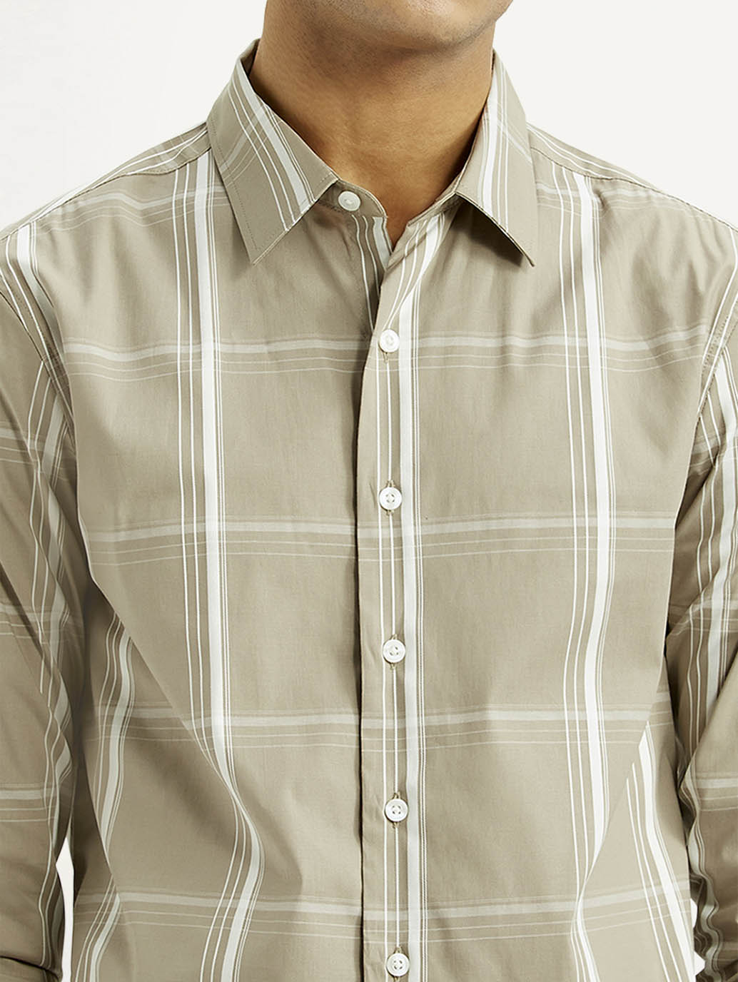 Men's Checkered Beige Slim Fit Shirt - Detail View