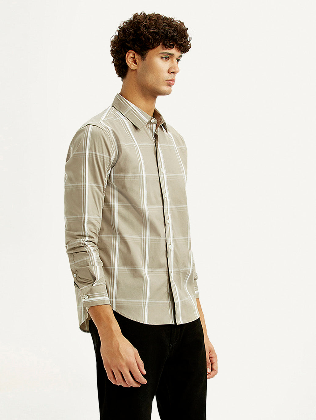 Men's Checkered Beige Slim Fit Shirt - Side View