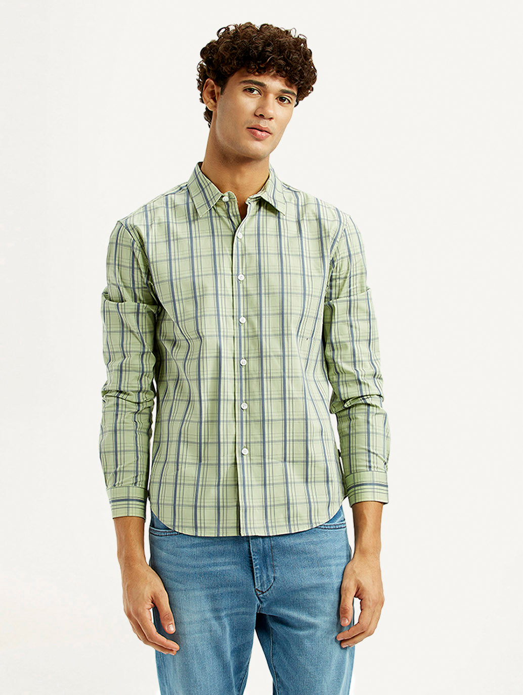 Men's Checkered Light Green Slim Fit Shirt - Front View