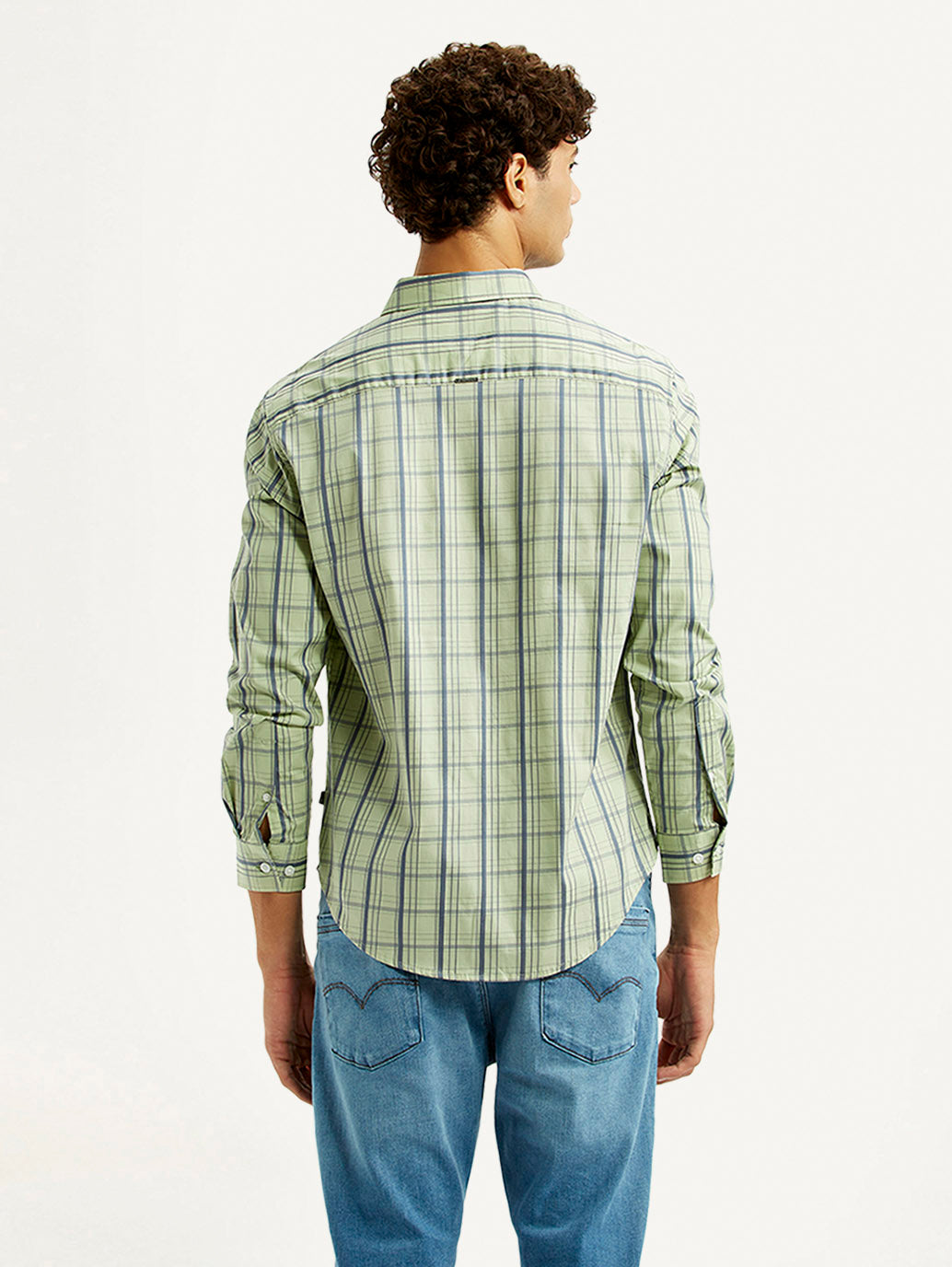 Men's Checkered Light Green Slim Fit Shirt - Back View