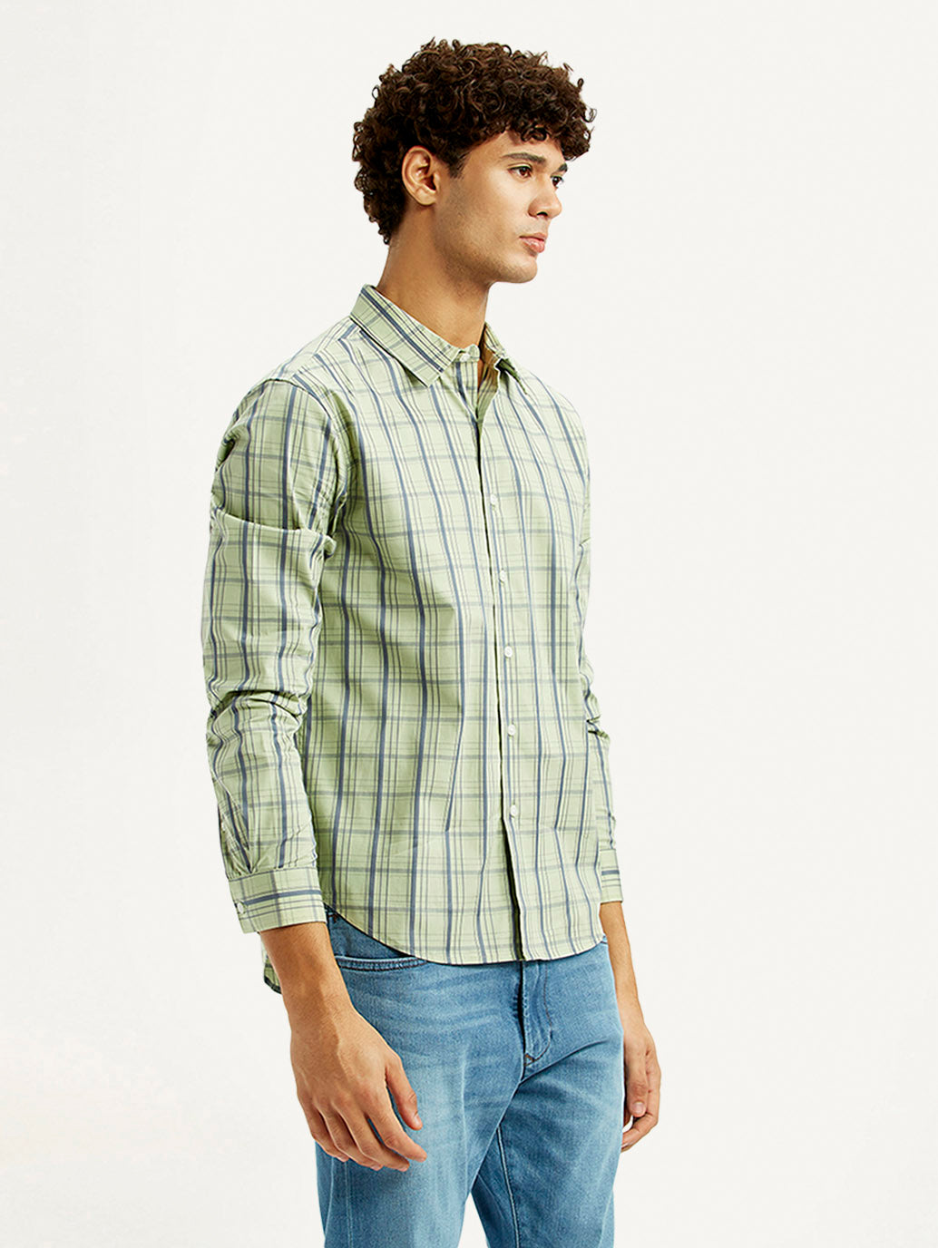 Men's Checkered Light Green Slim Fit Shirt - Side View