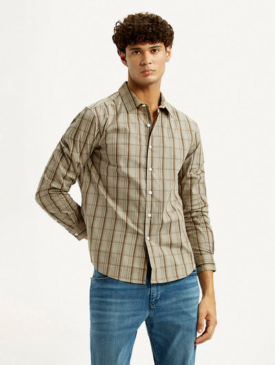 Men's Checkered Beige Slim Fit Shirt-image-40