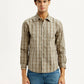 Men's Checkered Beige Slim Fit Shirt - Front View