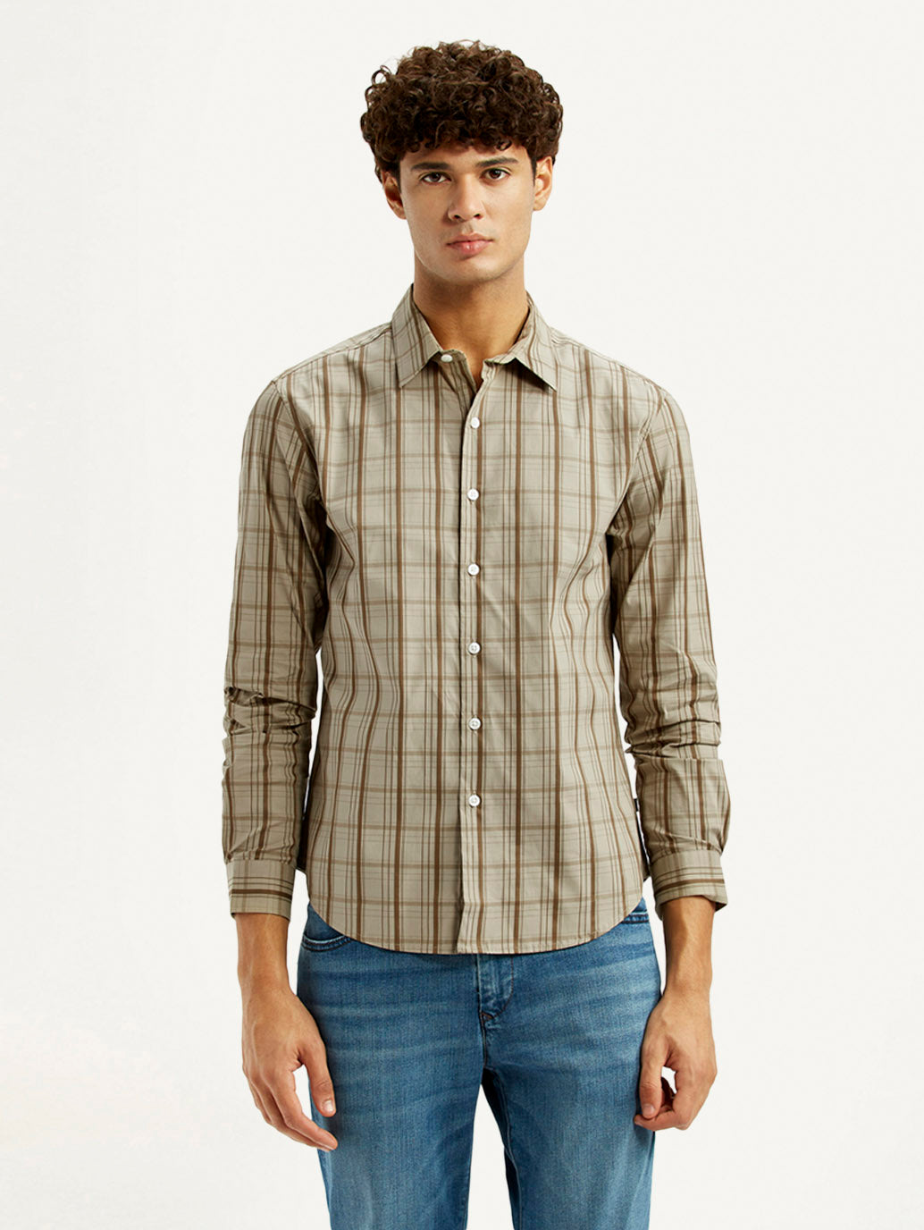 Men's Checkered Beige Slim Fit Shirt - Front View