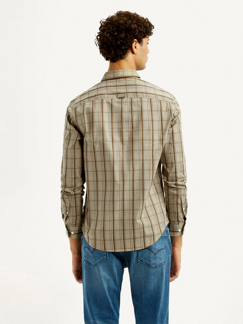 Men's Checkered Beige Slim Fit Shirt - Back View