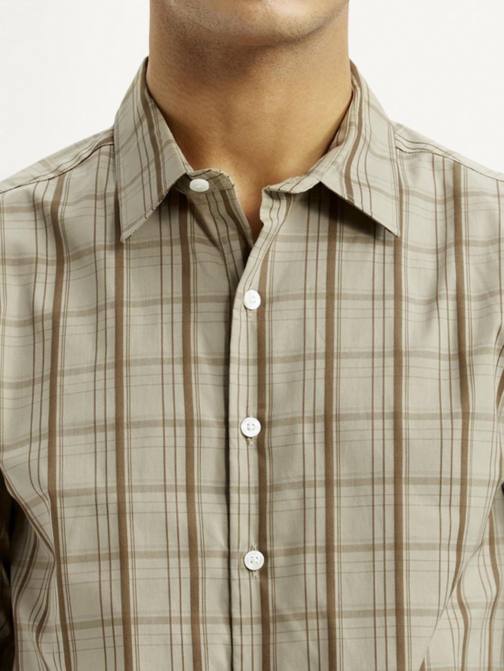 Men's Checkered Beige Slim Fit Shirt - Detail View
