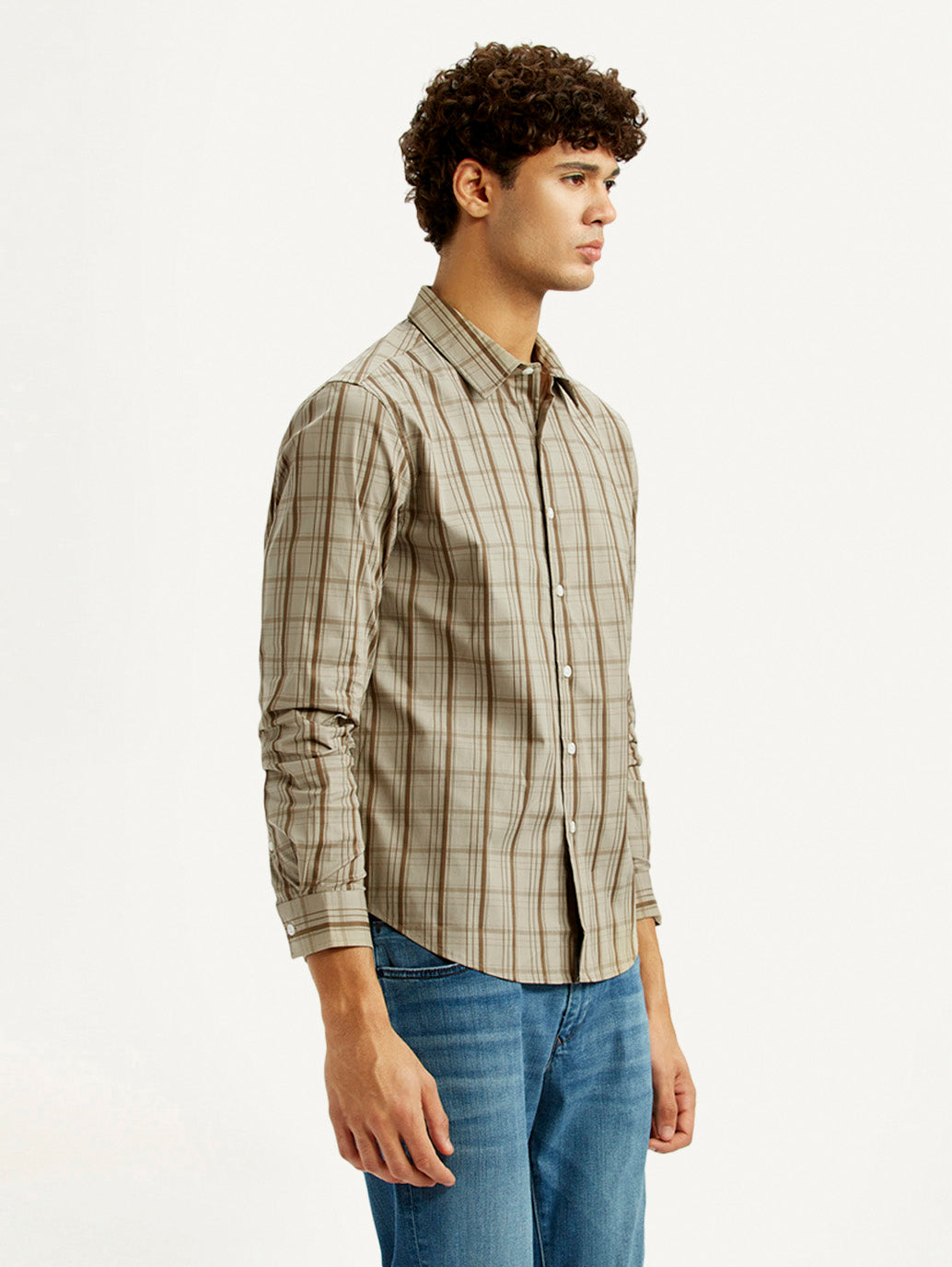 Men's Checkered Beige Slim Fit Shirt - Side View
