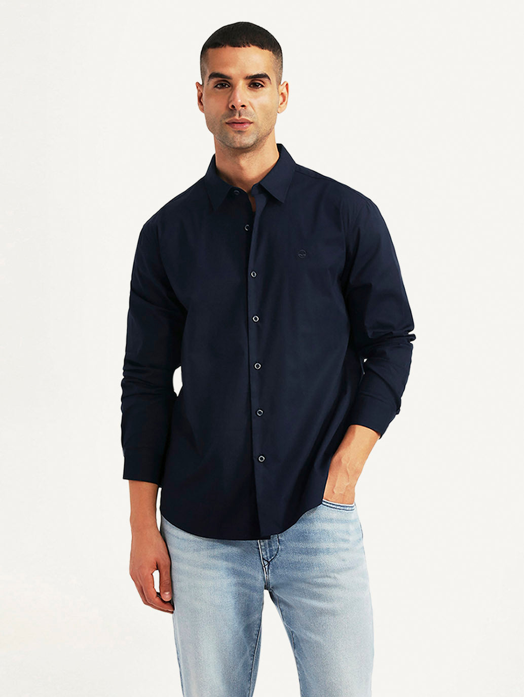 Men's Solid Navy Slim Fit Shirt - Styleshot View