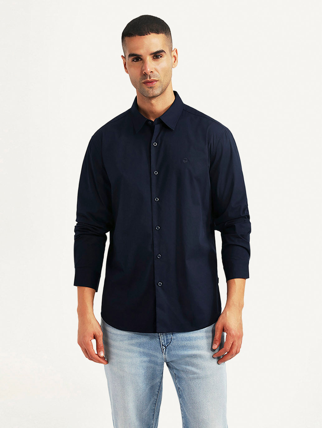 Men's Solid Navy Slim Fit Shirt - Front View