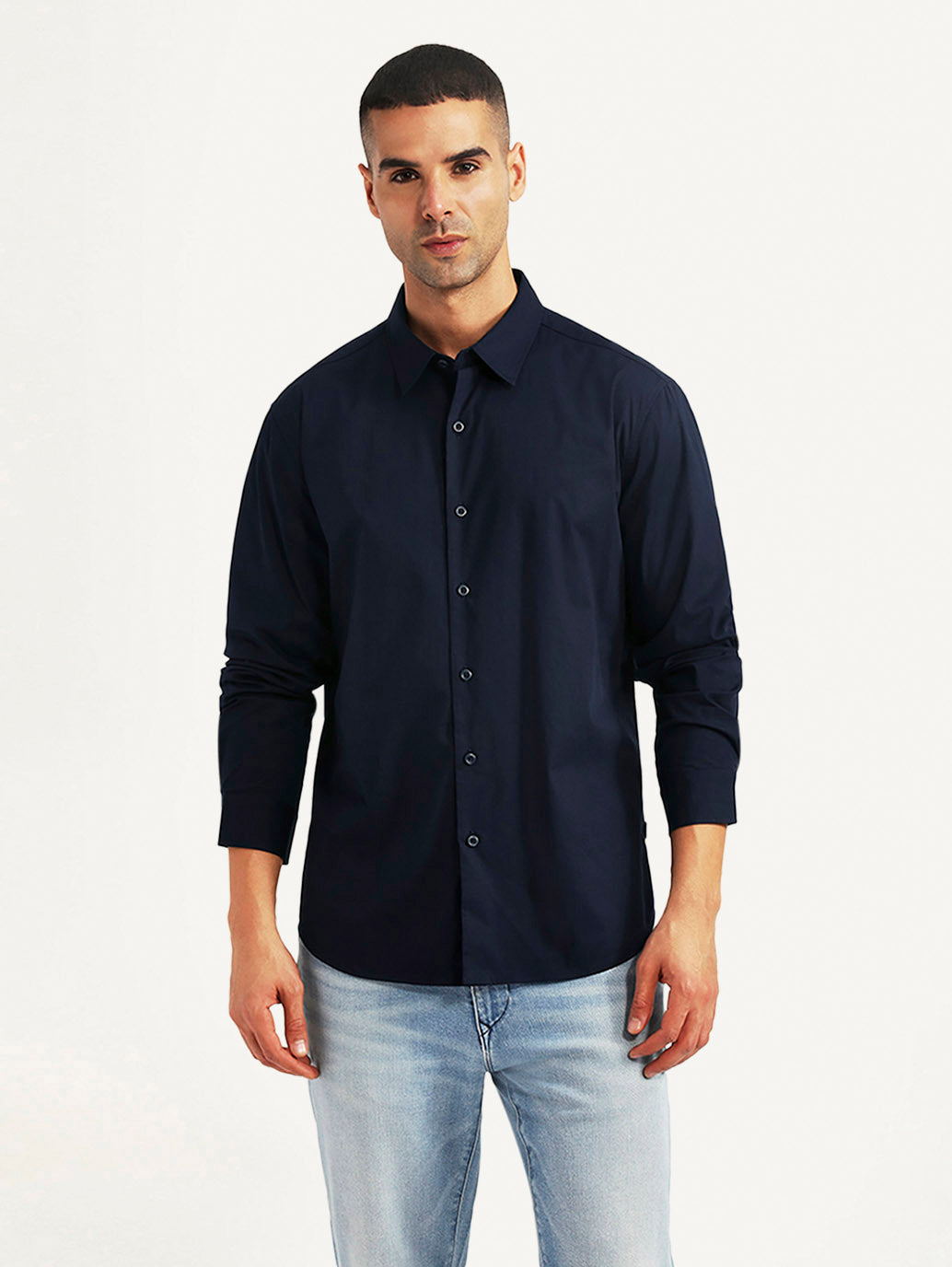Men's Solid Navy Slim Fit Shirt - 665e4104-3365-460a-abba-b014456bbc15 View