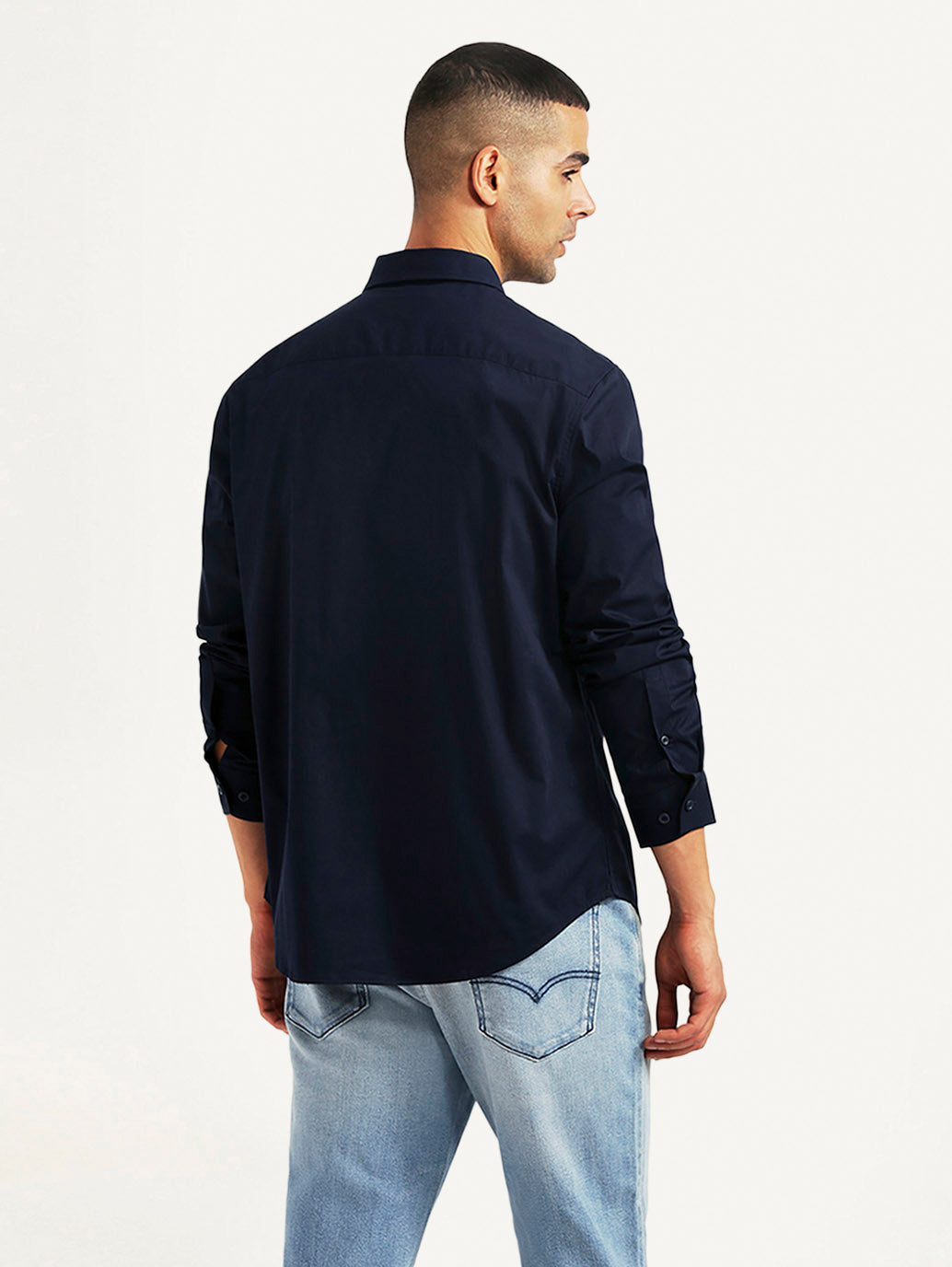 Men's Solid Navy Slim Fit Shirt - Back View
