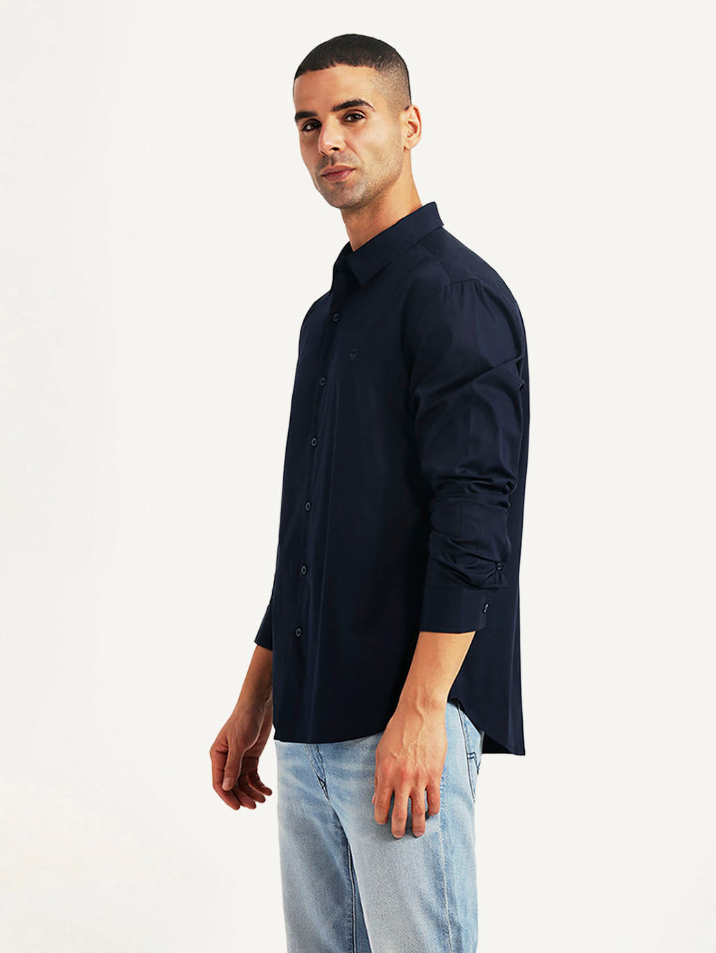 Men's Solid Navy Slim Fit Shirt - Side View