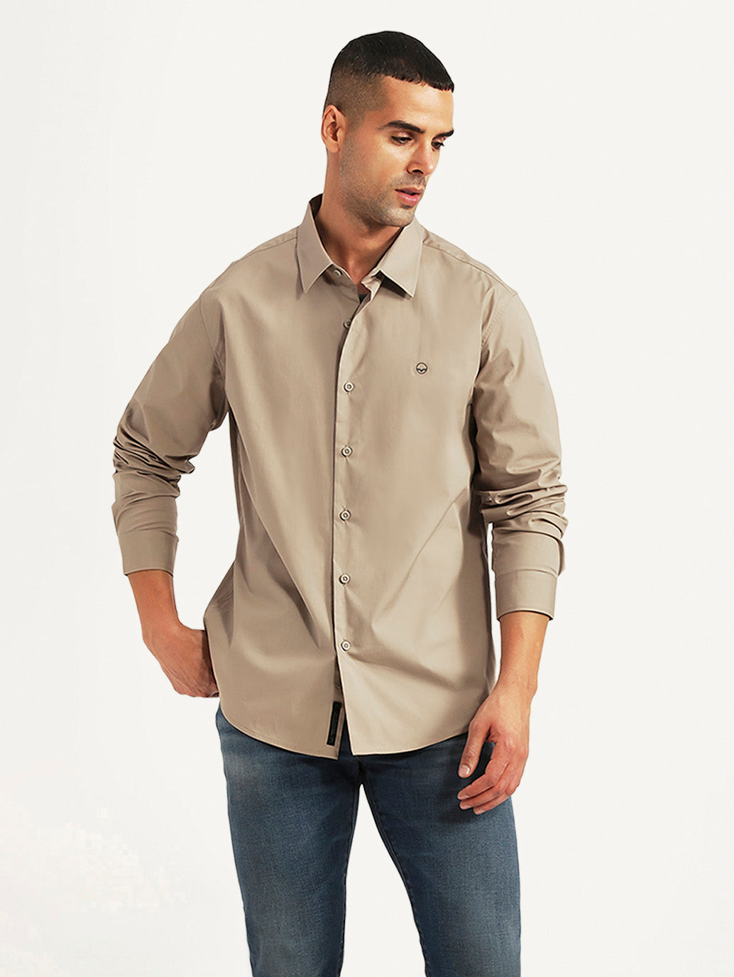 Men's Solid Beige Slim Fit Shirt