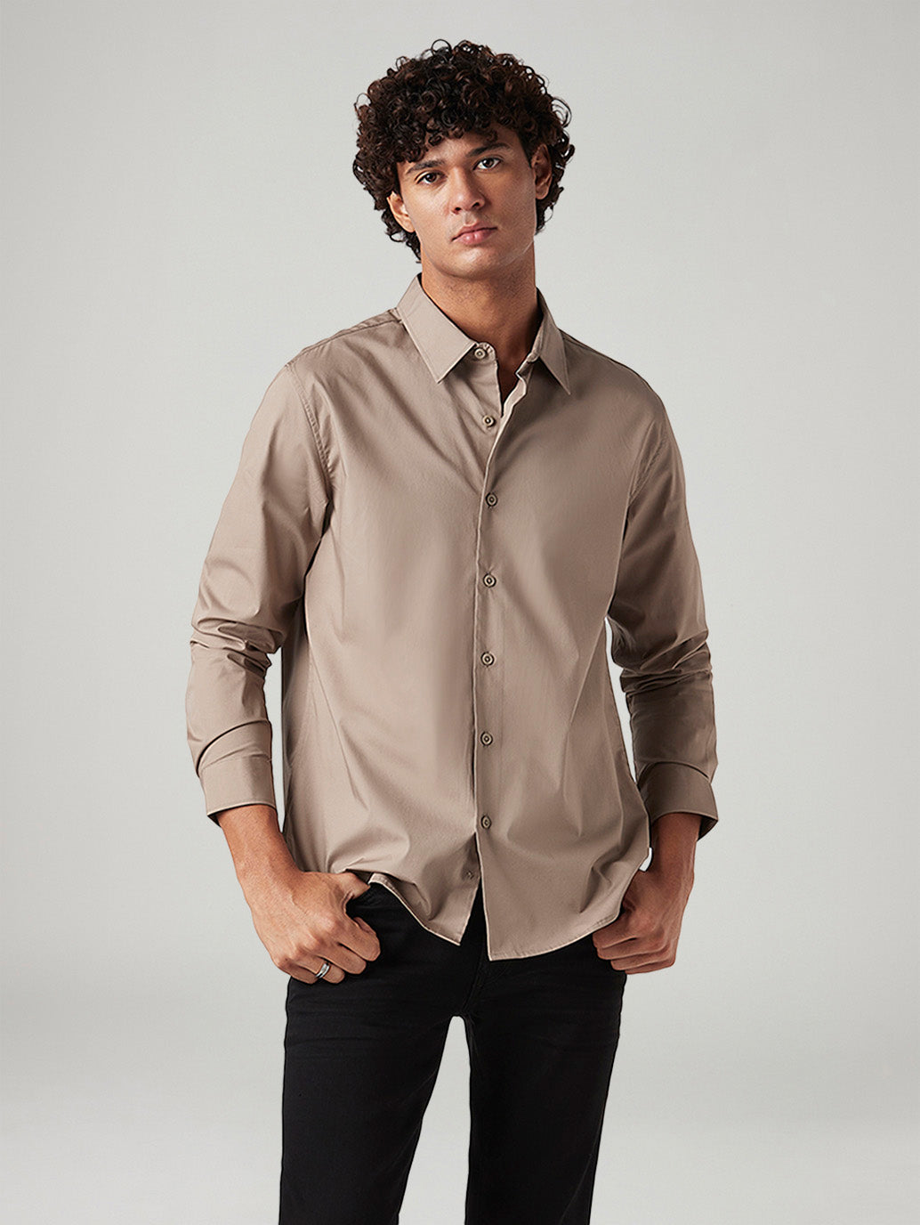 Men's Solid Beige Slim Fit Shirt