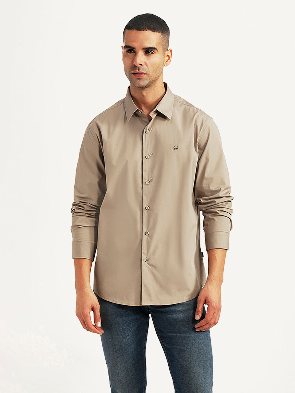 Men's Solid Beige Slim Fit Shirt - Front View
