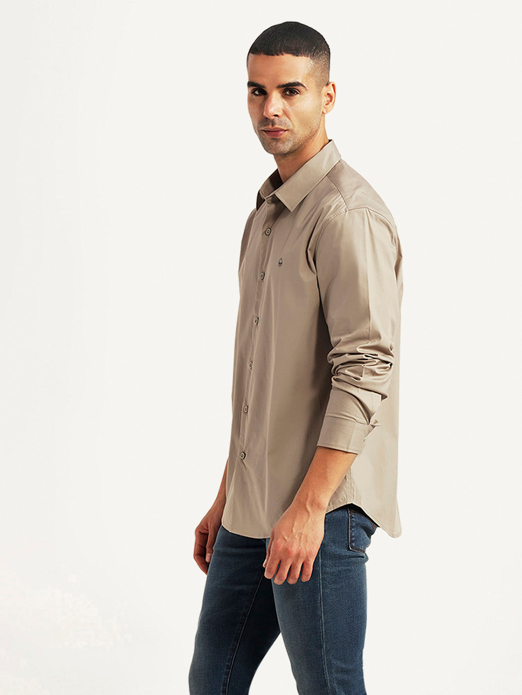 Men's Solid Beige Slim Fit Shirt - Side View
