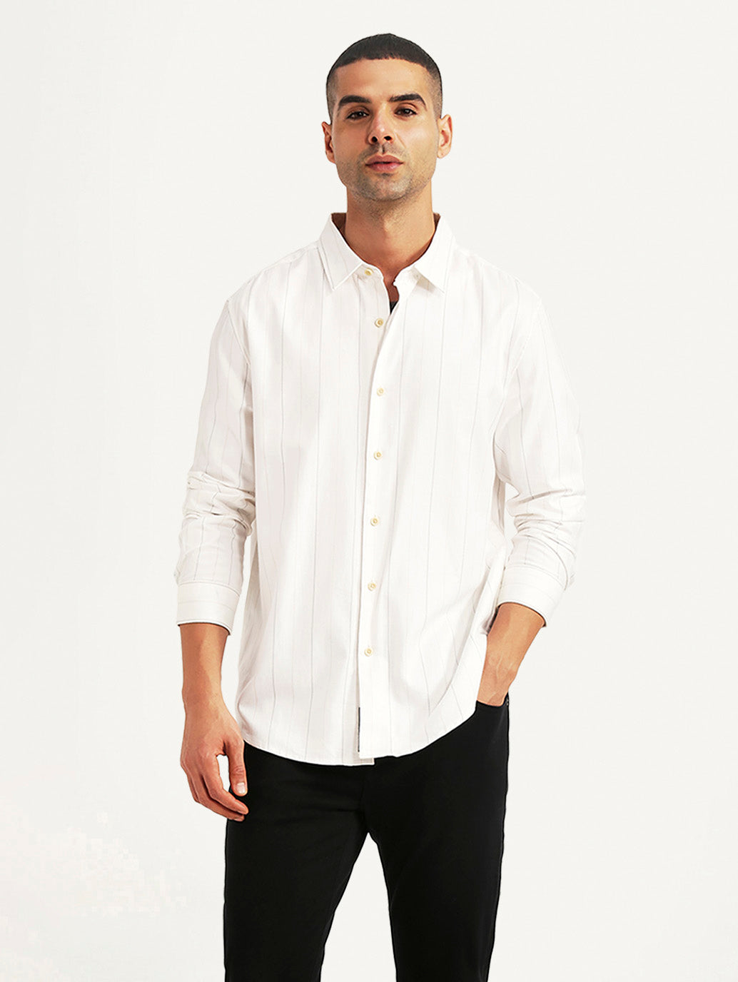 Men's Pin Stripes White Slim Fit Shirt - Styleshot View