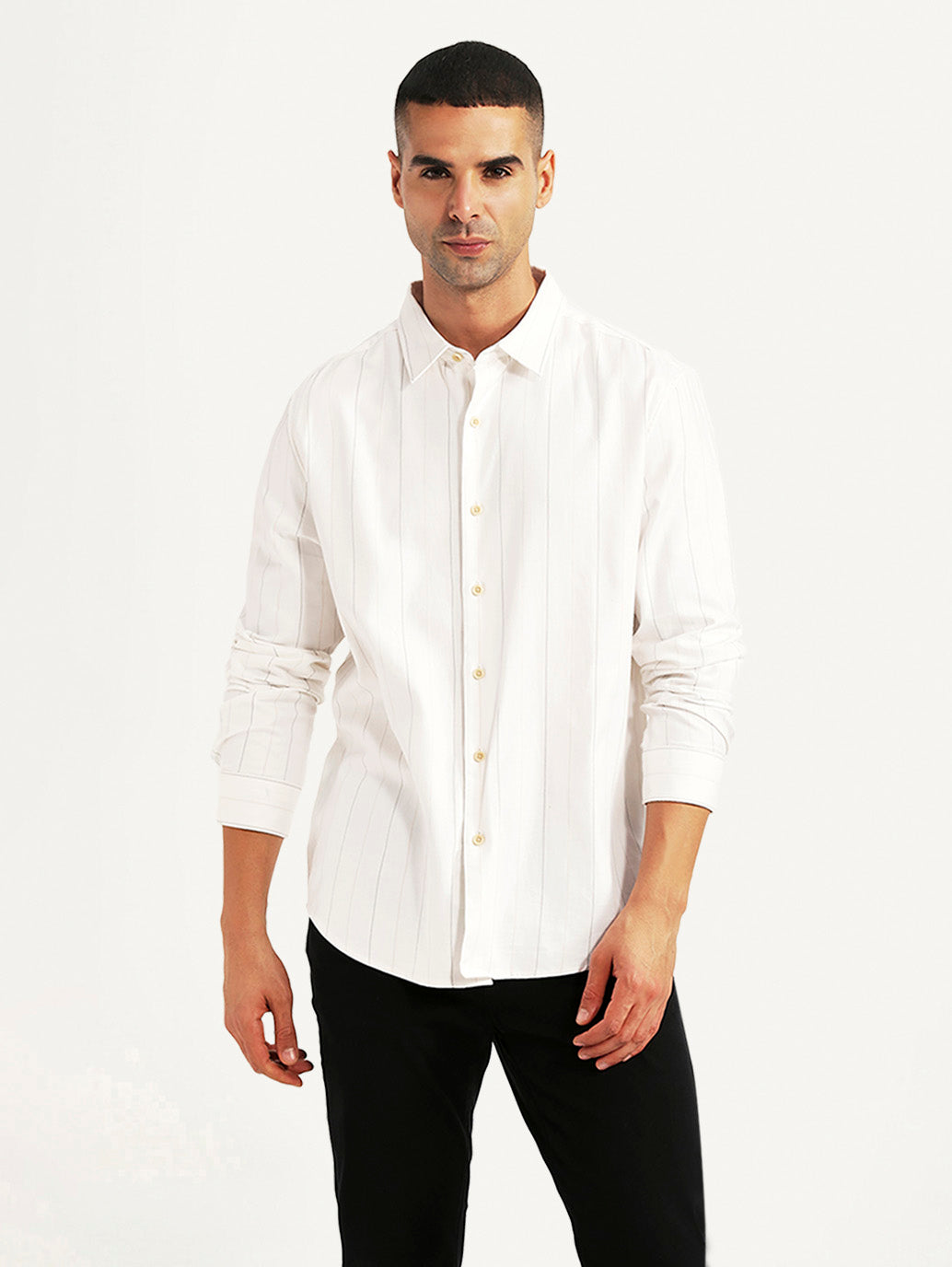 Men's Pin Stripes White Slim Fit Shirt - Front View