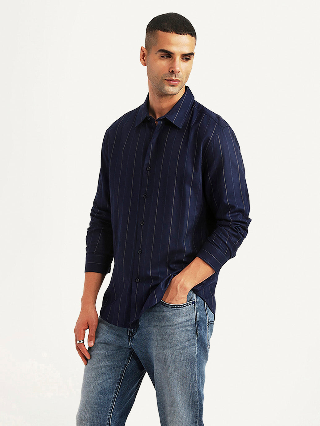 Men's Pin Stripes Navy Slim Fit Shirt - d665c892-12ae-4490-9e77-f3c7487cdaf6 View