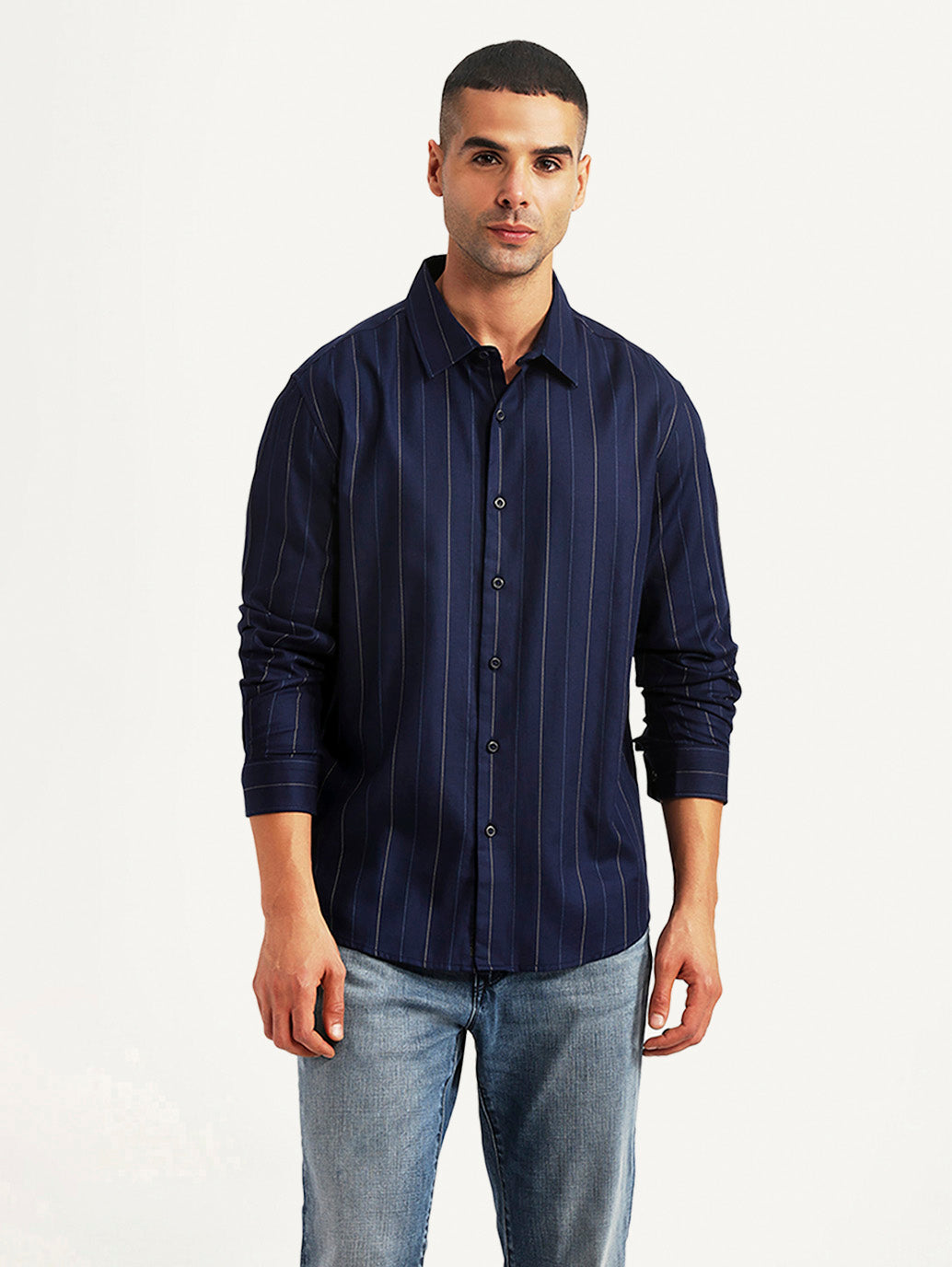 Men's Pin Stripes Navy Slim Fit Shirt - e03c0dab-4f29-4467-afcf-9587ae99497c View