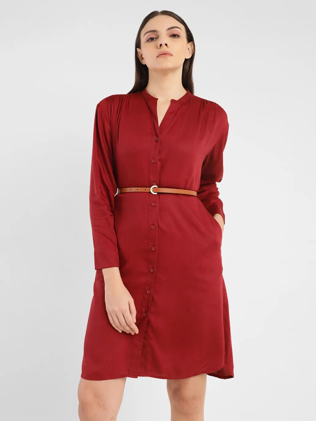 Women's Solid Red Band Neck Dress